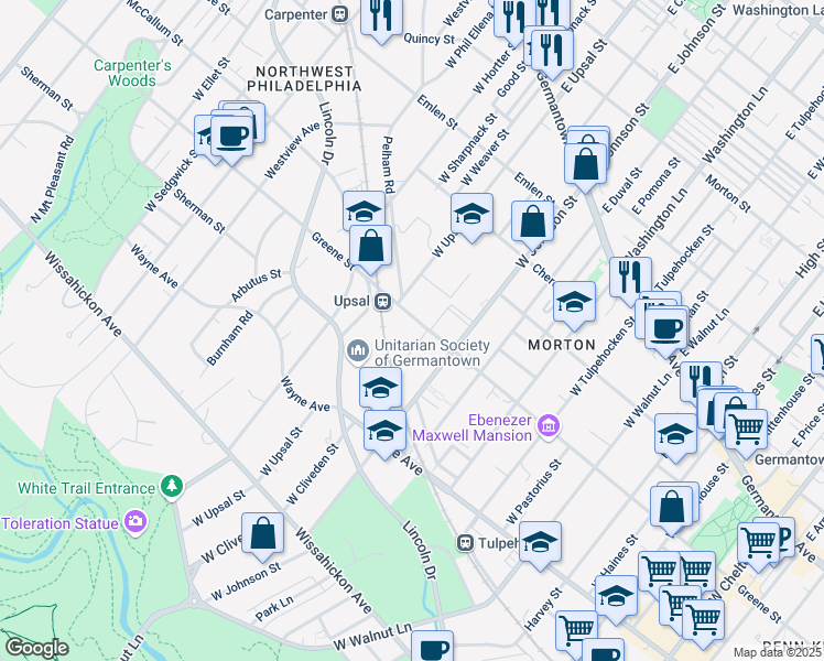 map of restaurants, bars, coffee shops, grocery stores, and more near 301 West Cliveden Street in Philadelphia