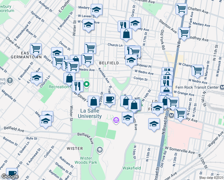 map of restaurants, bars, coffee shops, grocery stores, and more near 5750 Kemble Avenue in Philadelphia