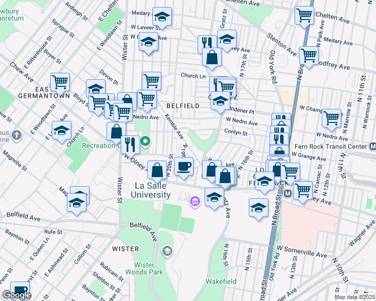 map of restaurants, bars, coffee shops, grocery stores, and more near 5750 Kemble Avenue in Philadelphia