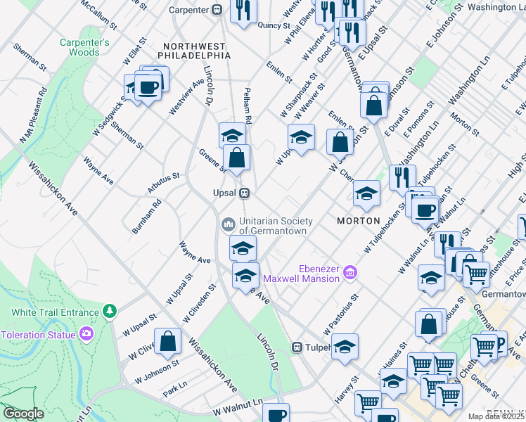 map of restaurants, bars, coffee shops, grocery stores, and more near 301 West Cliveden Street in Philadelphia