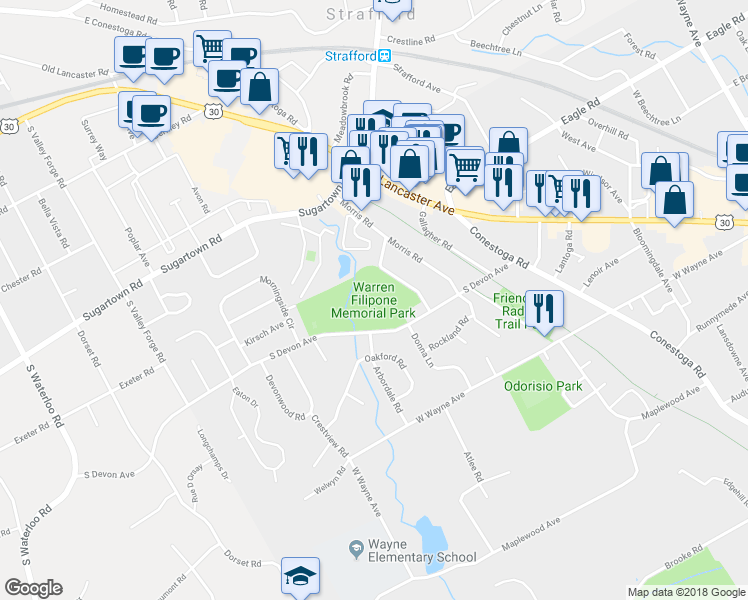 map of restaurants, bars, coffee shops, grocery stores, and more near 340 South Devon Avenue in Wayne