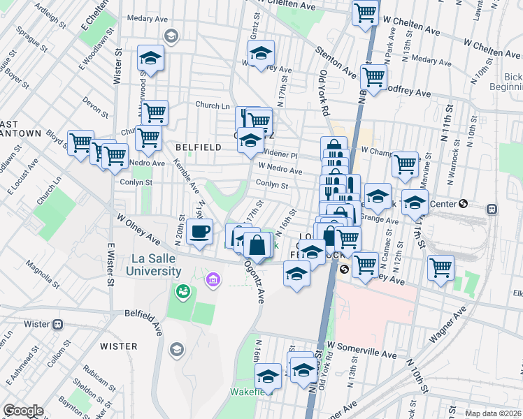 map of restaurants, bars, coffee shops, grocery stores, and more near 5711 Virginian Road in Philadelphia