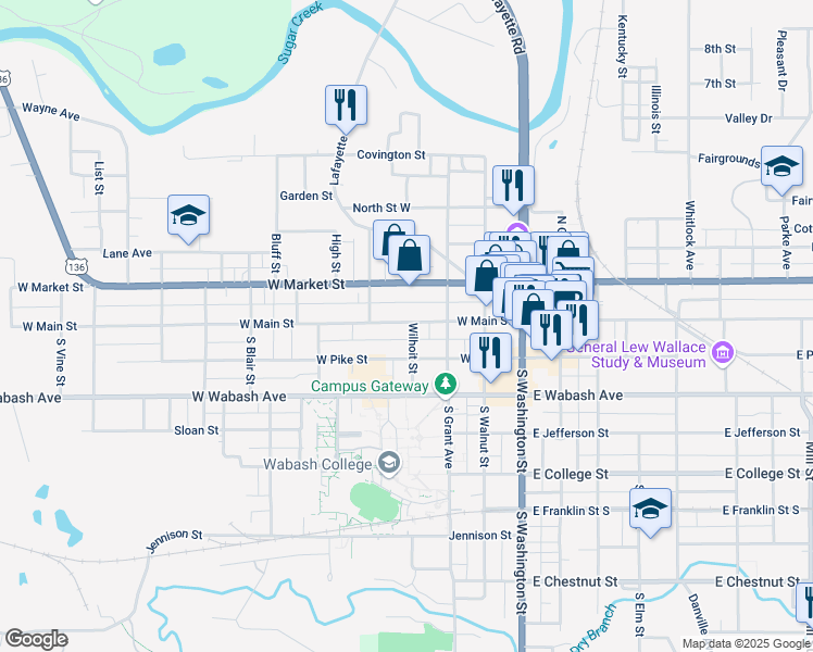 map of restaurants, bars, coffee shops, grocery stores, and more near 112 Wilhoit Street in Crawfordsville