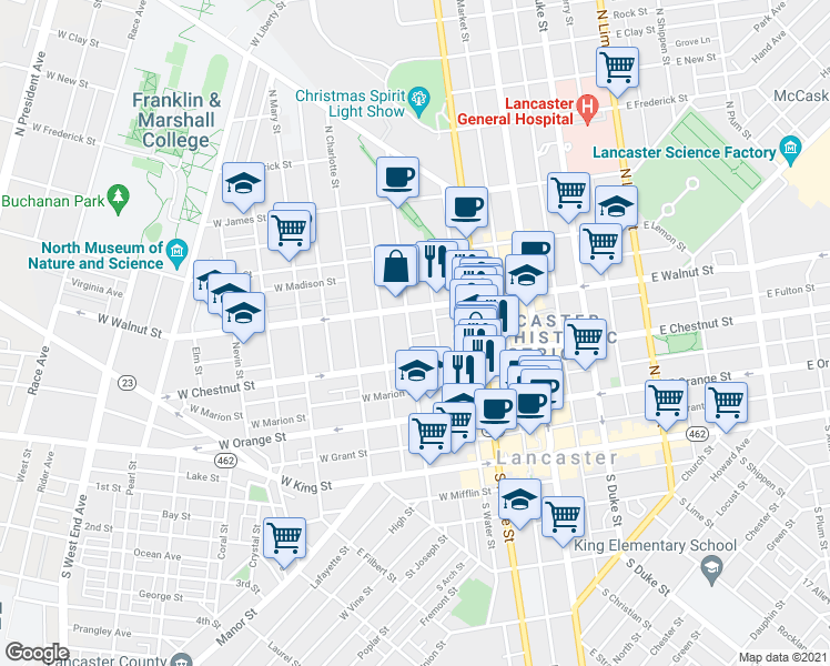 map of restaurants, bars, coffee shops, grocery stores, and more near 229 North Mulberry Street in Lancaster