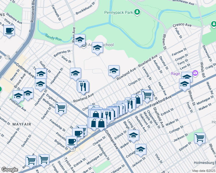 map of restaurants, bars, coffee shops, grocery stores, and more near 3300 Vista Street in Philadelphia