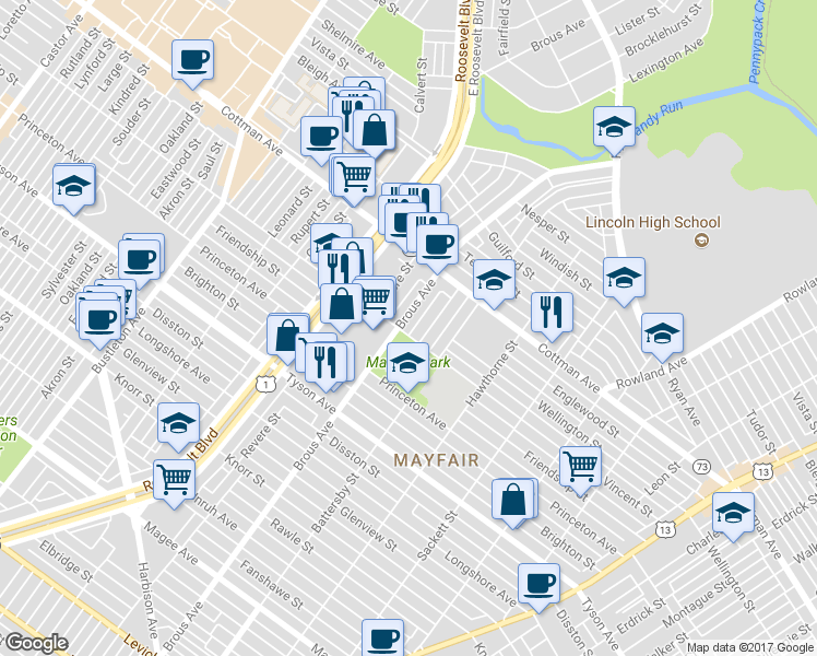 map of restaurants, bars, coffee shops, grocery stores, and more near 7203 Brous Avenue in Philadelphia