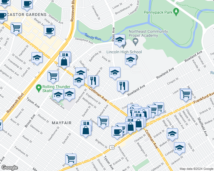 map of restaurants, bars, coffee shops, grocery stores, and more near 7341 Sackett Street in Philadelphia