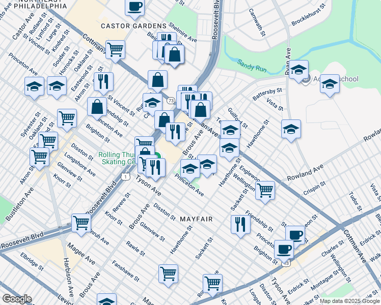 map of restaurants, bars, coffee shops, grocery stores, and more near 7203 Brous Avenue in Philadelphia