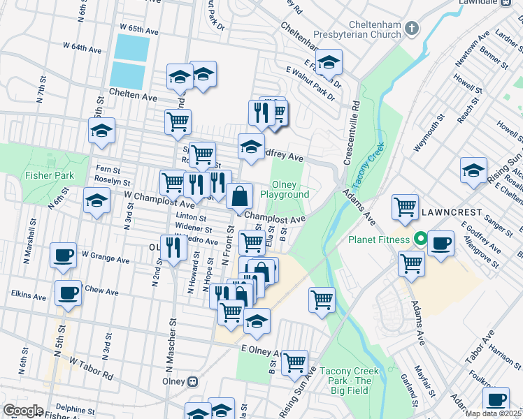map of restaurants, bars, coffee shops, grocery stores, and more near 6008 A Street in Philadelphia