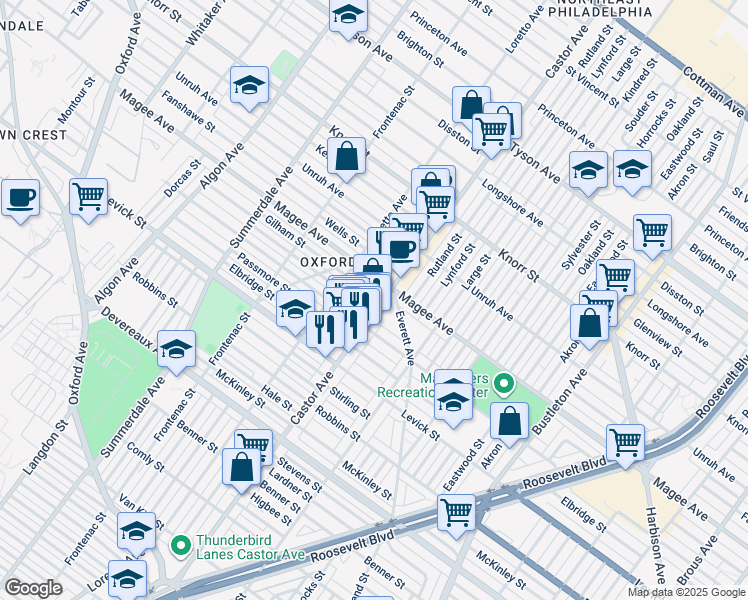 map of restaurants, bars, coffee shops, grocery stores, and more near 6526 Castor Ave in Philadelphia
