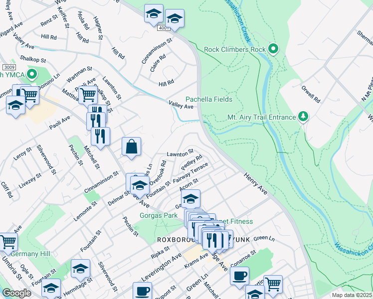 map of restaurants, bars, coffee shops, grocery stores, and more near 6475 Lawnton Street in Philadelphia