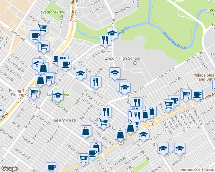 map of restaurants, bars, coffee shops, grocery stores, and more near 7343 Sackett Street in Philadelphia
