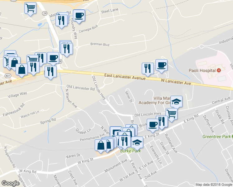map of restaurants, bars, coffee shops, grocery stores, and more near 112 Mountain Laurel Lane in Malvern