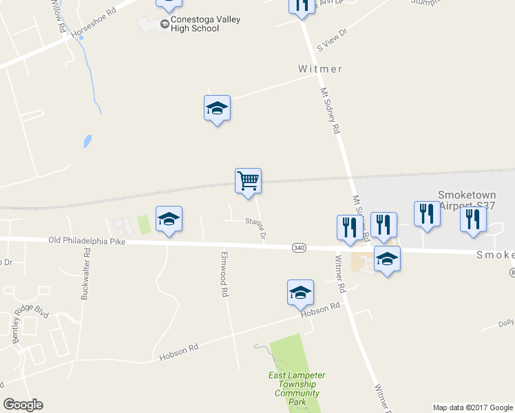 map of restaurants, bars, coffee shops, grocery stores, and more near Pigtail Alley in Lancaster