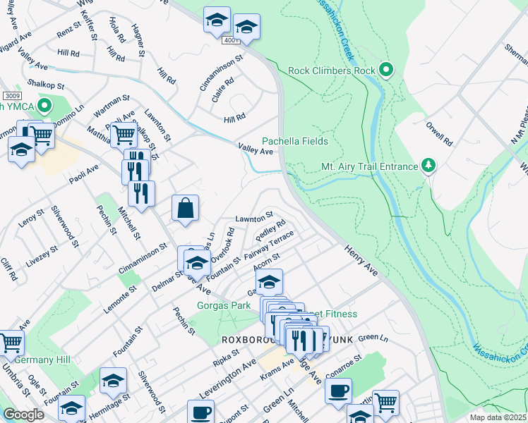 map of restaurants, bars, coffee shops, grocery stores, and more near 6475 Lawnton Street in Philadelphia