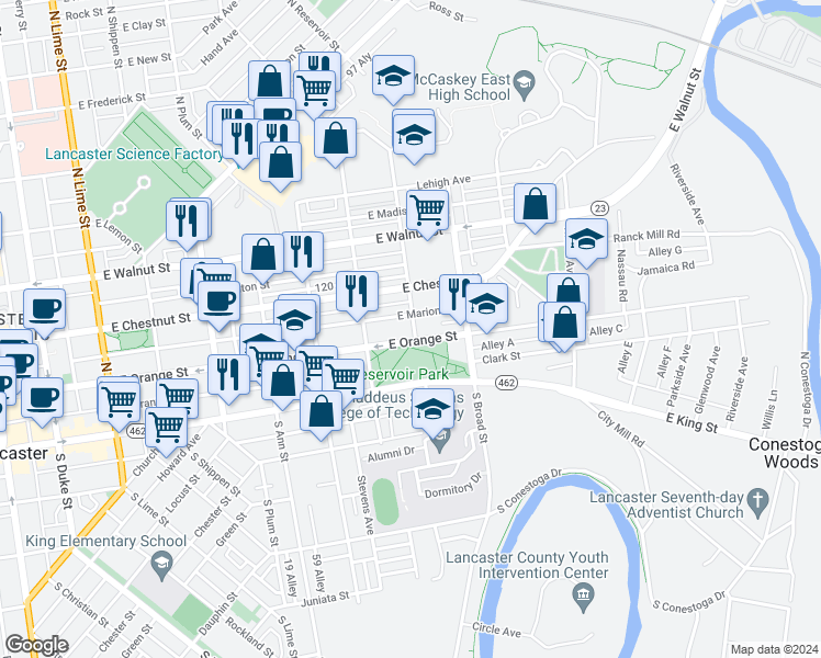 map of restaurants, bars, coffee shops, grocery stores, and more near 110 North Reservoir Street in Lancaster