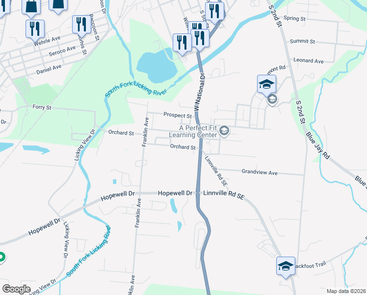 map of restaurants, bars, coffee shops, grocery stores, and more near 415 West National Drive in Heath