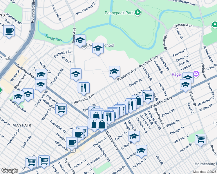 map of restaurants, bars, coffee shops, grocery stores, and more near 3300 Vista Street in Philadelphia