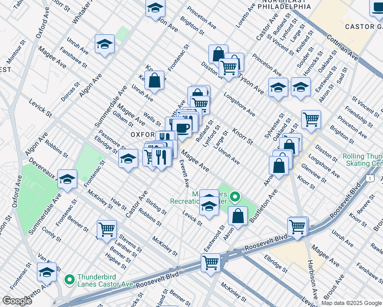 map of restaurants, bars, coffee shops, grocery stores, and more near 6605 Rutland Street in Philadelphia