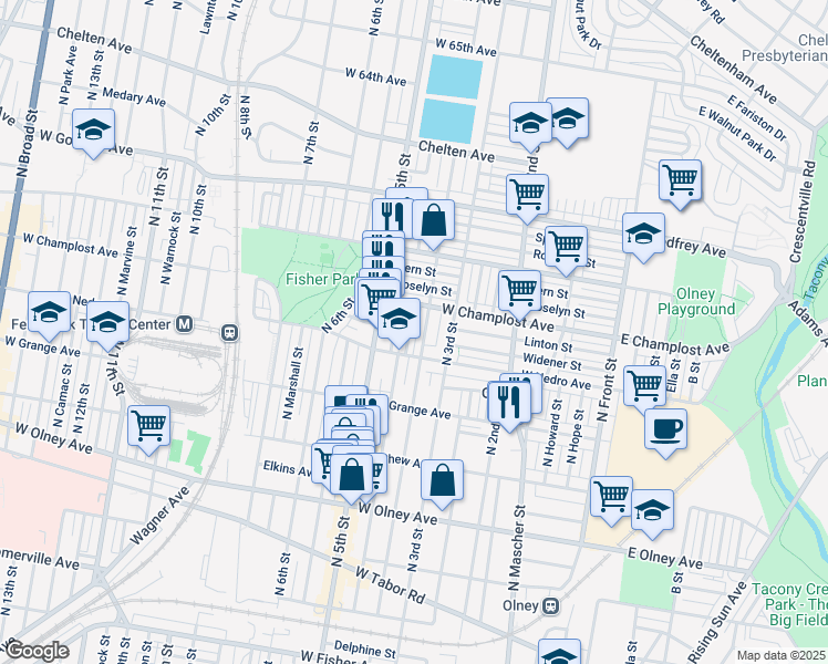 map of restaurants, bars, coffee shops, grocery stores, and more near 5929 North Leithgow Street in Philadelphia