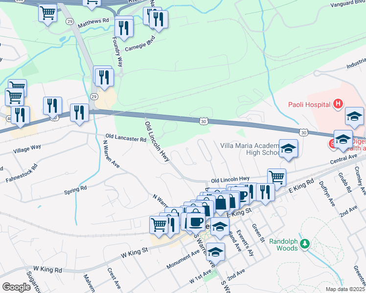 map of restaurants, bars, coffee shops, grocery stores, and more near 112 Mountain Laurel Lane in Malvern