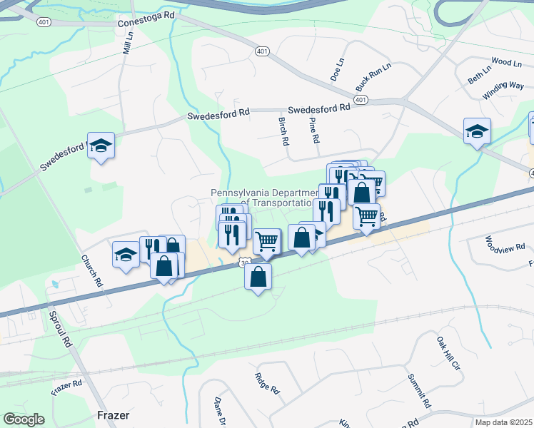 map of restaurants, bars, coffee shops, grocery stores, and more near 130 Josephs Way in Malvern