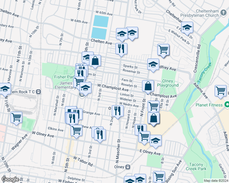 map of restaurants, bars, coffee shops, grocery stores, and more near 209 Linton Street in Philadelphia