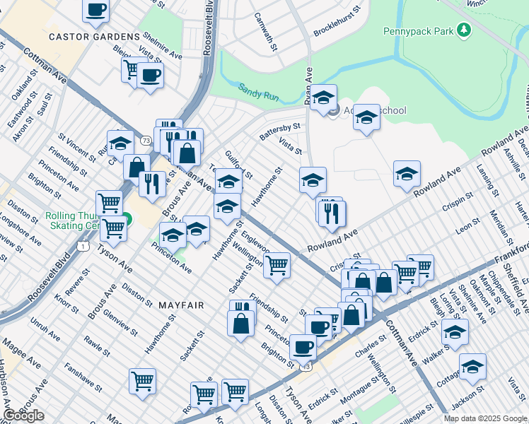 map of restaurants, bars, coffee shops, grocery stores, and more near 3114 Teesdale Street in Philadelphia