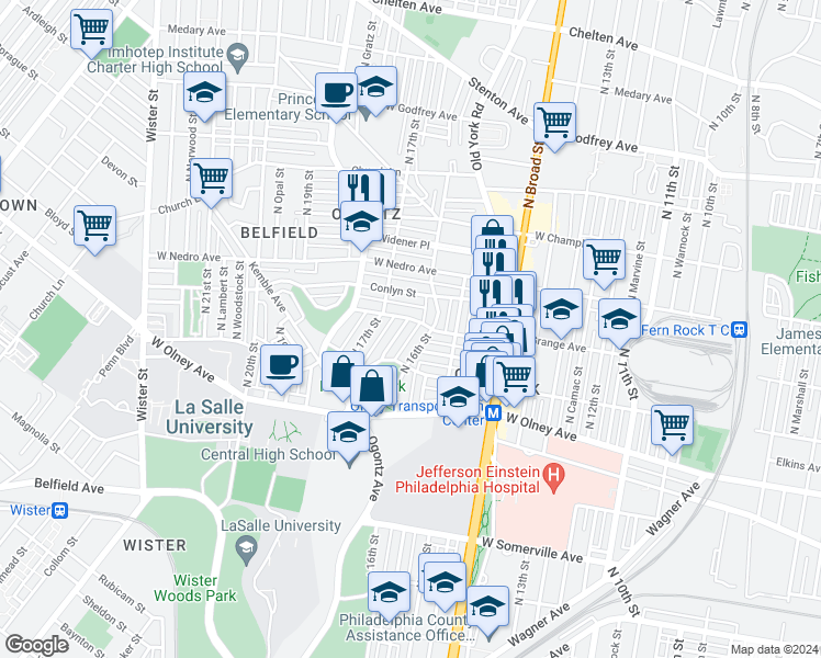 map of restaurants, bars, coffee shops, grocery stores, and more near 5743 Virginian Road in Philadelphia
