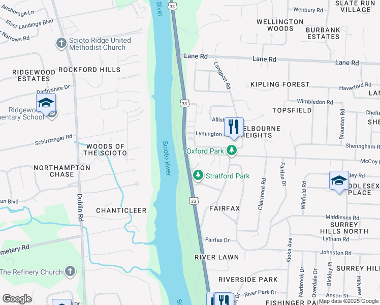 map of restaurants, bars, coffee shops, grocery stores, and more near 4312 Riverside Drive in Columbus