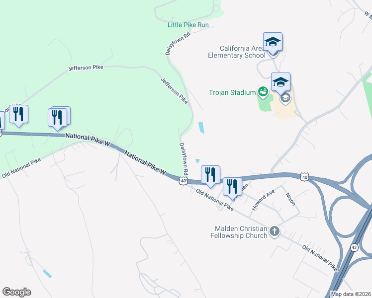 map of restaurants, bars, coffee shops, grocery stores, and more near 28 Daisytown Road in Centerville