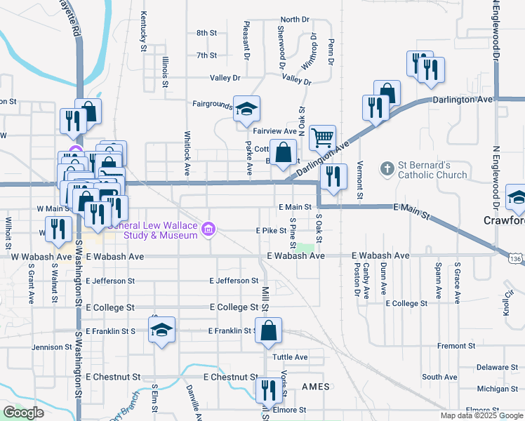 map of restaurants, bars, coffee shops, grocery stores, and more near 801 East Main Street in Crawfordsville