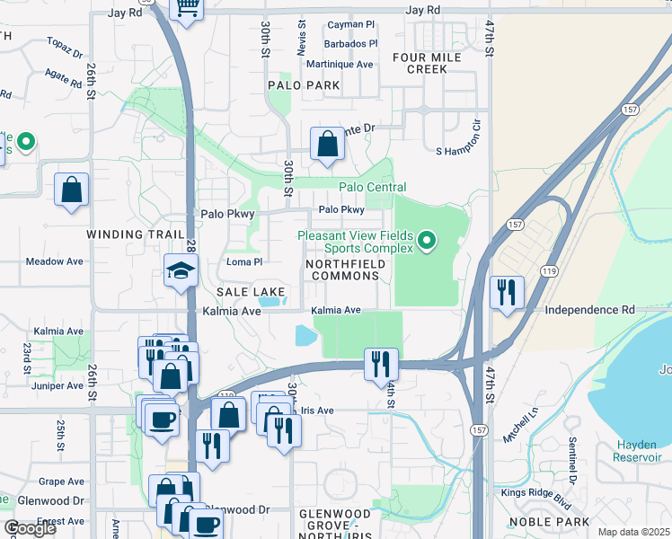 map of restaurants, bars, coffee shops, grocery stores, and more near 3649 Silverton Street in Boulder