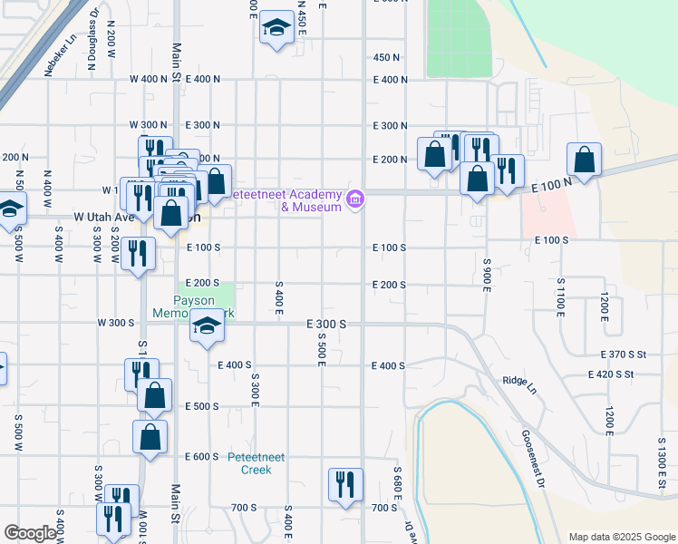 map of restaurants, bars, coffee shops, grocery stores, and more near 540 East 200 South in Payson
