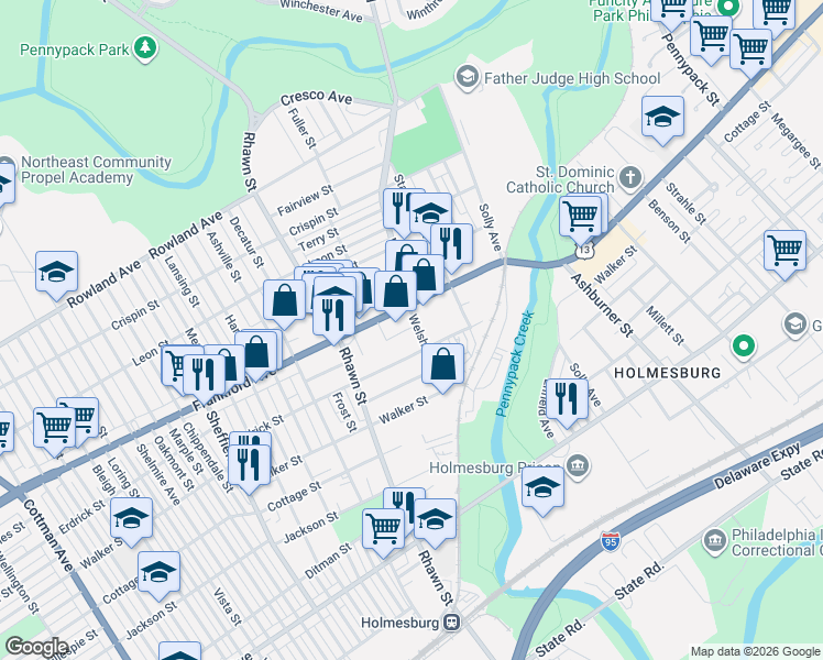 map of restaurants, bars, coffee shops, grocery stores, and more near 8066 Erdrick Street in Philadelphia