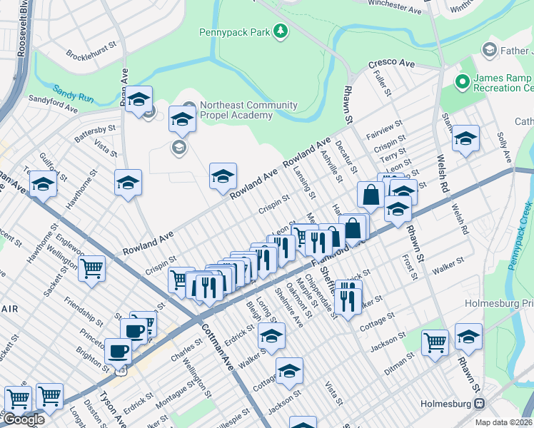 map of restaurants, bars, coffee shops, grocery stores, and more near 3440 Chippendale Street in Philadelphia