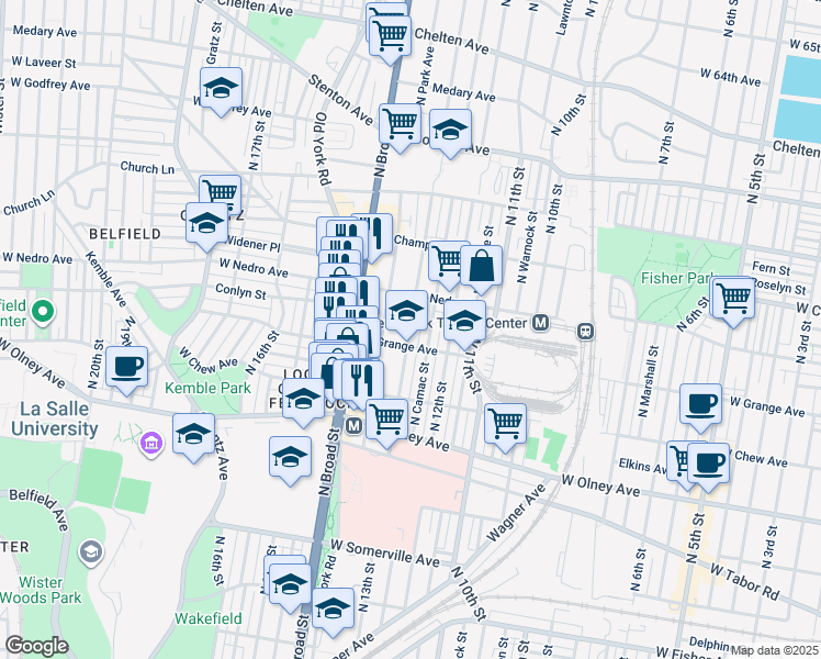 map of restaurants, bars, coffee shops, grocery stores, and more near 5736 North 13th Street in Philadelphia