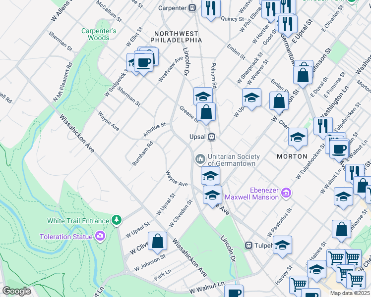 map of restaurants, bars, coffee shops, grocery stores, and more near 6512 Lincoln Drive in Philadelphia