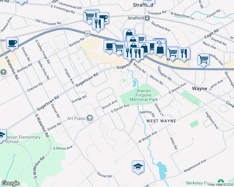 map of restaurants, bars, coffee shops, grocery stores, and more near 602 Kirsch Avenue in Wayne