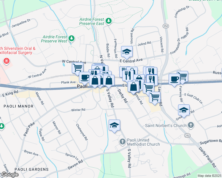 map of restaurants, bars, coffee shops, grocery stores, and more near 41 Village Square in Paoli