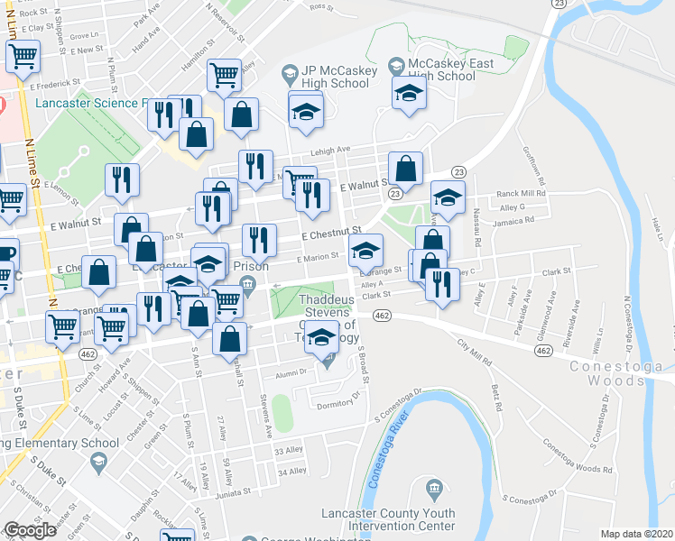 map of restaurants, bars, coffee shops, grocery stores, and more near 834 East Orange Street in Lancaster