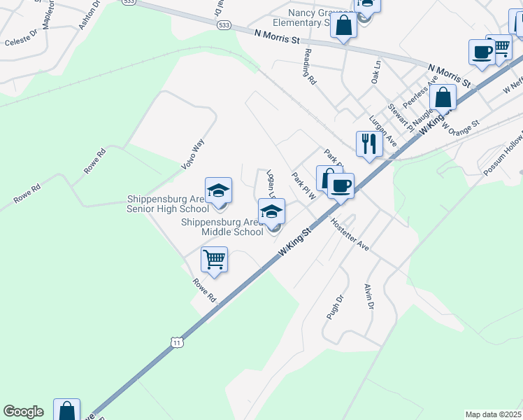 map of restaurants, bars, coffee shops, grocery stores, and more near 100 Baker and Russell Drive in Shippensburg