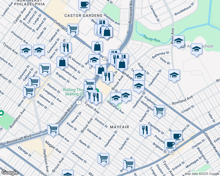 map of restaurants, bars, coffee shops, grocery stores, and more near 2844 Saint Vincent Street in Philadelphia