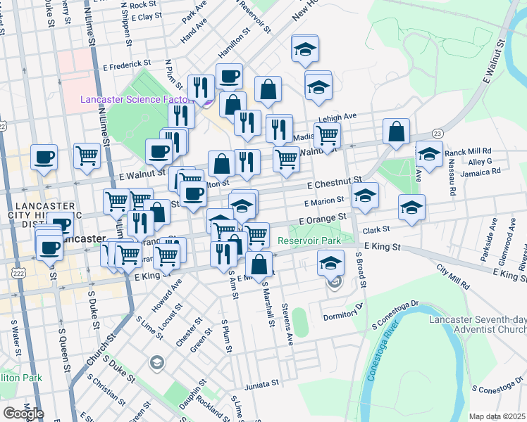 map of restaurants, bars, coffee shops, grocery stores, and more near 616 East Marion Street in Lancaster