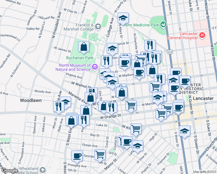 map of restaurants, bars, coffee shops, grocery stores, and more near 605 West Walnut Street in Lancaster