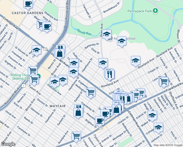 map of restaurants, bars, coffee shops, grocery stores, and more near 3131 Teesdale Street in Philadelphia