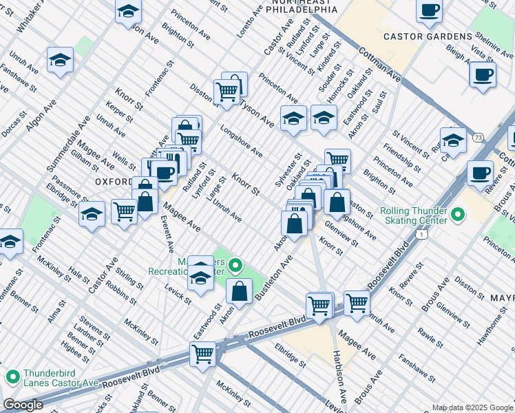 map of restaurants, bars, coffee shops, grocery stores, and more near 6734 Sylvester Street in Philadelphia