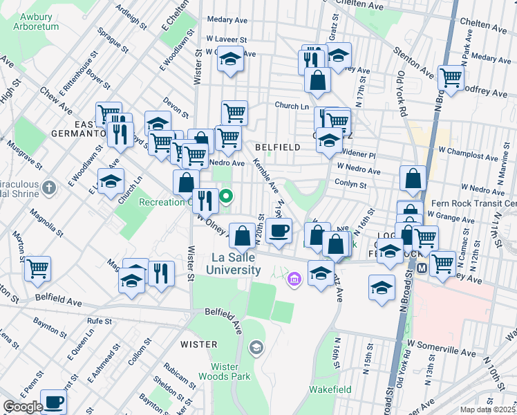 map of restaurants, bars, coffee shops, grocery stores, and more near 5720 North 20th Street in Philadelphia