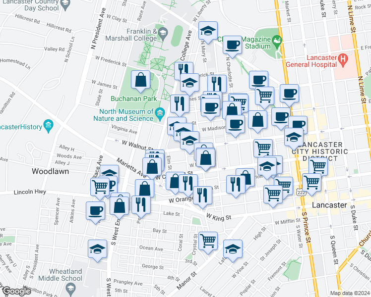 map of restaurants, bars, coffee shops, grocery stores, and more near Nevin Street in Lancaster