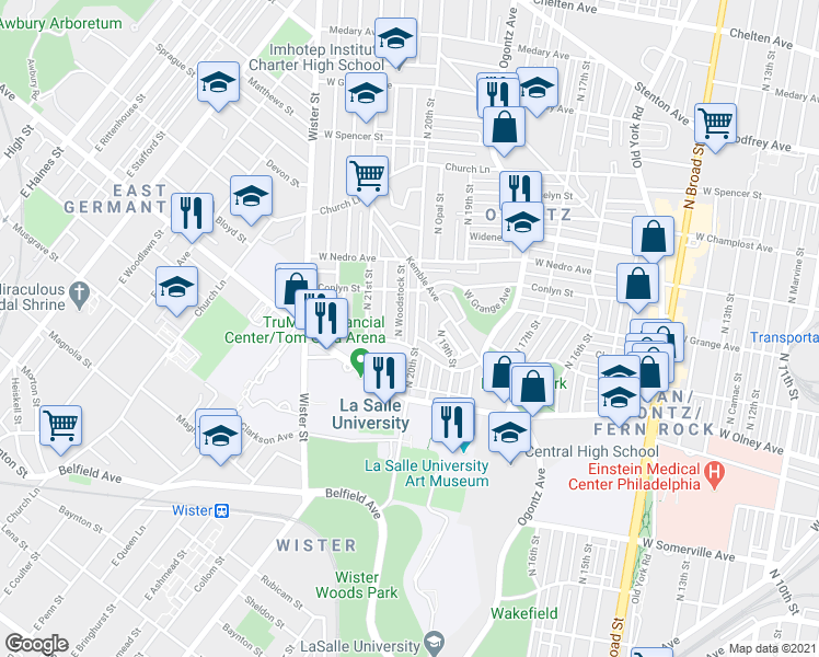 map of restaurants, bars, coffee shops, grocery stores, and more near 5720 North 20th Street in Philadelphia